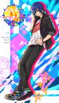  1boy blue_hair bracelet full_body hair_over_one_eye headphones highres jacket jewelry looking_at_viewer persona persona_3 persona_3_portable shoes smile sneakers solo techitoni yuuki_makoto 