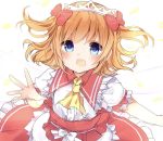  1girl ascot bangs blue_eyes blush bow brown_hair hair_bow karasusou_nano looking_at_viewer open_mouth red_bow short_sleeves simple_background solo sunny_milk touhou two_side_up upper_body white_background 