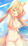  1girl :d ^_^ animal_ears beach bikini blonde_hair blush breasts cleavage closed_eyes clouds day food fox_ears fox_tail front-tie_bikini front-tie_top hair_ornament hair_scrunchie large_breasts long_hair low_twintails navel ocean open_mouth orange_bikini original outdoors p19 polka_dot polka_dot_bikini popsicle scrunchie side-tie_bikini sky smile solo swimsuit tail twintails x_hair_ornament 