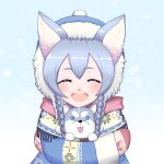  1girl absurdres animal animal_ears blue_hair blue_hat blush closed_eyes dog dog_ears eyebrows_visible_through_hair facing_viewer hat highres holding holding_animal long_hair open_mouth seungju_lee shironeko_project smile solo upper_body 
