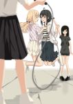  4girls ahoge black_hair black_skirt blonde_hair blush closed_eyes collarbone facing_another highres jumping jumprope looking_at_another medium_hair multiple_girls open_mouth original parted_lips short_hair skirt smile twintails violet_eyes white_skirt ynote 