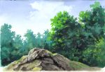  blue_sky clouds commentary_request day forest graphite_(medium) highres hirota_(masasiv3) moss nature no_humans outdoors rock scenery sky traditional_media tree 