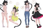  1girl ;o animal_ears arms_behind_back aruterra ass bare_legs barefoot bikini black_hair boots bow braid breasts bright_pupils cat_ears cat_tail cleavage_cutout covered_navel dress fang fingers_together flower from_behind hair_bow hair_flower hair_ornament highres lavender_eyes looking_at_viewer looking_back medium_breasts midriff multiple_views one_eye_closed original own_hands_together short_hair_with_long_locks sidelocks simple_background sitting small_breasts speech_bubble standing string_bikini swimsuit tail tail_bow twin_braids wariza white_background white_bikini white_pupils yellow_dress 
