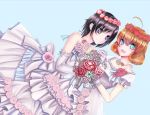  2girls ahoge artist_request black_hair bouquet commentary_request detached_sleeves dress flower hair_flower hair_ornament light_blue_eyes multiple_girls orange_hair penny_polendina rose ruby_rose rwby sleeveless sleeveless_dress wedding_dress white_dress wife_and_wife yuri 