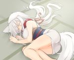  1girl animal_ears ass bangs bare_arms bare_shoulders breasts commentary_request fox_ears fox_tail japanese_clothes kimono large_breasts long_hair lying obi on_side original sakura_inu sash short_kimono sleeping sleeveless sleeveless_kimono solo tail white_hair 