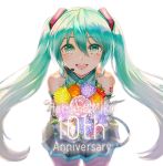  1girl black_skirt blue_eyes blue_hair blush bouquet eyebrows_visible_through_hair flower hatsune_miku headset highres holding holding_bouquet long_hair looking_at_viewer open_mouth seungju_lee skirt smile solo teeth twintails vocaloid 