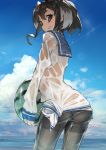  1girl ass black_hair black_legwear blue_sky clouds cloudy_sky day food fruit highres holding holding_fruit kantai_collection long_sleeves looking_at_viewer looking_back open_mouth outdoors panties panties_under_pantyhose pantyhose ph. sailor_collar shirt sky smile solo standing thighband_pantyhose thong thong_panties tokitsukaze_(kantai_collection) underwear violet_eyes watermelon wet wet_clothes wet_shirt white_panties 