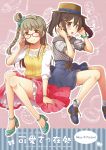  2girls adjusting_glasses alternate_hairstyle ankle_strap aqua_bow aqua_shoes ayami_chiha bangs bespectacled bird_hair_ornament black_hair blue_shoes blue_skirt blush bobby_socks bow bracelet braid brown_eyes cover cover_page doujin_cover glasses grey_hair hair_bow hair_ornament hair_tie hairpin hat hat_bow high_heels highres jewelry lace lace-trimmed_shirt long_hair looking_at_viewer love_live! love_live!_school_idol_project minami_kotori multiple_girls off-shoulder_shirt one_side_up open_mouth outline petticoat pink_legwear polka_dot_skirt red-framed_eyewear red_eyes shirt shoes side_braid skirt smile smiley_face socks star star_hair_ornament twintails watch watch white_outline yazawa_nico 
