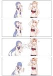  2girls 4koma ? ^_^ bare_arms blonde_hair blue_hair closed_eyes comic commentary drinking hair_flaps hair_ornament hair_ribbon hairclip highres kantai_collection long_hair mikeco multiple_girls navel ramune red_eyes remodel_(kantai_collection) ribbon sailor_collar samidare_(kantai_collection) scarf skirt smile spitting sweatdrop swimsuit very_long_hair wet white_scarf yuudachi_(kantai_collection) 