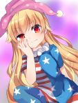  1girl american_flag arm_behind_back bangs blonde_hair closed_mouth clownpiece cowboy_shot eyebrows_visible_through_hair frilled_shirt_collar frills hand_on_own_cheek hand_up hat highres jester_cap karasusou_nano long_sleeves looking_at_viewer multicolored multicolored_eyes polka_dot short_sleeves solo touhou 