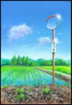  absurdres blue_sky border calligraphy_brush_(medium) clouds commentary_request day grass highres hirota_(masasiv3) no_humans outdoors reflection rice_paddy scenery sky telephone_pole traffic_mirror translation_request tree water windowboxed 