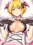  1girl :3 bangs blonde_hair blurry blush breasts depth_of_field don_(don_0608) eyebrows_visible_through_hair gloves green_eyes hair_ornament head_wings heart_hair_ornament idolmaster idolmaster_cinderella_girls lace lace_gloves large_breasts lying miyamoto_frederica on_back on_bed pillow short_hair sidelocks smile solo upper_body 
