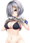  1girl black_bra blush bra breasts closed_mouth eyebrows_visible_through_hair gloves grey_hair groin hair_ornament hairclip hamakaze_(kantai_collection) head_tilt highres kantai_collection large_breasts looking_at_viewer minami_machi navel shirt shirt_lift short_sleeves simple_background smile solo underwear white_background white_gloves white_shirt 