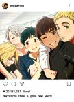  5boys ;d ^_^ black_hair blonde_hair brown_eyes christophe_giacometti closed_eyes dark_skin dark_skinned_male english facial_hair fake_screenshot green_eyes instagram katsuki_yuuri male_focus multiple_boys one_eye_closed open_mouth phichit_chulanont posca self_shot shaded_face silver_hair smile viktor_nikiforov yuri!!!_on_ice yuri_plisetsky 