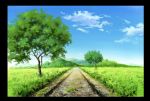  absurdres blue_sky border clouds commentary_request day grass highres hill hirota_(masasiv3) no_humans outdoors road scenery sky tree windowboxed 
