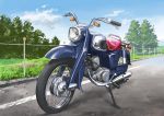  blue_sky clouds commentary_request day fence ground_vehicle highres hirota_(masasiv3) motor_vehicle motorcycle no_humans outdoors road scenery sky tree 