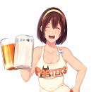  1girl bare_arms bare_shoulders beer_mug breasts brown_hair butcha-u cleavage closed_eyes collarbone cup drinking_glass eyelashes game_cg hair_between_eyes hairband hand_on_hip hand_up holding holding_drinking_glass holding_glass hooters kenzen!_hentai_seikatsu_no_susume large_breasts looking_at_viewer maezono_chinami name_tag open_mouth orange_shorts short_hair short_shorts shorts sleeveless smile solo standing tank_top teeth transparent_background upper_body white_legwear yellow_hairband 