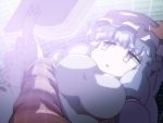  1girl book bookshelf breasts commentary_request crescent crescent_hair_ornament eyebrows_visible_through_hair hair_ornament hat jitome long_hair long_sleeves lying mob_cap on_back open_book open_mouth patchouli_knowledge plaid purple_hair reading shirosato solo touhou 