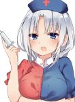  1girl bangs blue_eyes blush breast_hold breasts eyebrows_visible_through_hair grey_hair hand_up hat holding holding_syringe karasusou_nano looking_at_viewer medium_breasts nurse_cap open_mouth red_cross short_sleeves simple_background solo syringe touhou upper_body white_background yagokoro_eirin 