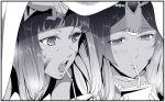  2girls bangs bonkara_(sokuseki_maou) circlet dark_skin facial_tattoo fate/grand_order fate_(series) long_hair monochrome multiple_girls nitocris_(fate/grand_order) open_mouth scheherazade_(fate/grand_order) sipping straw tattoo 