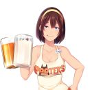  1girl ;q bare_arms bare_shoulders beer_mug blue_eyes breasts brown_hair butcha-u cleavage closed_mouth collarbone cup drinking_glass eyelashes game_cg hair_between_eyes hairband half-closed_eyes hand_on_hip hand_up holding holding_drinking_glass holding_glass hooters kenzen!_hentai_seikatsu_no_susume large_breasts licking_lips lips looking_at_viewer maezono_chinami name_tag naughty_face one_eye_closed orange_shorts pink_lips short_hair short_shorts shorts sleeveless smile solo standing tank_top teeth tongue tongue_out transparent_background upper_body white_legwear yellow_hairband 