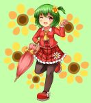  1girl ascot black_legwear bushi_(1622035441) floral_background flower full_body green_background green_hair hair_flower hair_ornament highres kazami_yuuka long_sleeves looking_at_viewer one_eye_closed one_side_up pantyhose parasol plaid plaid_skirt red_eyes red_shoes red_skirt shoes short_hair skirt smile solo standing standing_on_one_leg touhou umbrella vest younger 