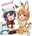  2girls animal_ears backpack bag black_gloves black_hair blush bow bowtie bucket_hat elbow_gloves eneco gloves happy hat hat_feather high-waist_skirt highres kaban_(kemono_friends) kemono_friends lucky_beast_(kemono_friends) multiple_girls paper_airplane red_shirt serval_(kemono_friends) serval_ears serval_print serval_tail shirt short_hair skirt sleeveless sleeveless_shirt striped_tail tail 