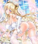  1girl ass at_classics bare_shoulders blonde_hair blue_eyes blush breasts chair code_geass code_geass:_boukoku_no_akito dress elbow_gloves gloves large_breasts leila_(code_geass) long_hair looking_at_viewer panties panty_pull sample sideboob solo thigh-highs underwear undressing very_long_hair wedding_dress white_legwear window 