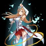 1girl arm_up armpits asuna_(sao) black_background breastplate brown_eyes brown_hair da-cart detached_sleeves floating_hair highres holding holding_sword holding_weapon long_hair looking_at_viewer miniskirt pleated_skirt red_skirt sheath skirt smile solo sword sword_art_online thigh-highs very_long_hair weapon white_legwear