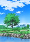  blue_sky clouds commentary day grass highres hirota_(masasiv3) mountain nature no_humans original outdoors path river road scenery sky tree 