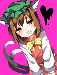  1girl animal_ears bangs blush bow bowtie brown_hair cat_ears cat_tail chen dutch_angle eyebrows_visible_through_hair green_hat hat heart highres karasusou_nano long_hair long_sleeves looking_at_viewer mob_cap open_mouth pink_background pink_eyes short_hair simple_background solo tail touhou yellow_bow yellow_bowtie 