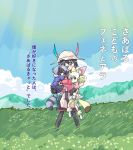  3girls animal_ears black_hair black_shirt blonde_hair bow carrying carrying_under_arm common_raccoon_(kemono_friends) feathers fennec_(kemono_friends) field fox_ears fox_tail gloves hat kaban_(kemono_friends) kemono_friends multiple_girls ookami_kodomo_no_ame_to_yuki pantyhose parody pink_shirt raccoon_ears raccoon_tail red_shirt seki_(red_shine) shirt shorts silver_hair skirt tail translation_request 