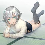  1boy artist_name chin_rest feet garters green_eyes grey_legwear hotarumaru kneehighs lying male_focus no_shoes nyanpoco3 on_stomach open_mouth shorts silver_hair smile sock_garters soles toes touken_ranbu 