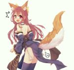  1girl :o animal_ears ass bare_shoulders blue_kimono blue_legwear blush bow cosplay detached_sleeves embarrassed fate_(series) fox_ears fox_tail from_behind hair_bow japanese_clothes kamikaze_(kantai_collection) kantai_collection kimono long_hair looking_at_viewer looking_back obi red_eyes redhead sash short_kimono simple_background solo tail tamamo_(fate)_(all) tamamo_no_mae_(fate) tamamo_no_mae_(fate)_(cosplay) thigh-highs white_background yazuishou_ray 