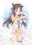  1girl armlet armor armpits bangs bare_shoulders black_bow blue_background blue_legwear blurry blurry_background blush bow breasts brown_hair cleavage closed_mouth cowboy_shot crown detached_collar dress earrings elbow_gloves elleco_(bcf159) eyebrows_visible_through_hair fate/grand_order fate_(series) flower gloves gradient gradient_background gradient_hair hair_bow hair_ribbon hand_in_hair hand_up highres hips hoop_earrings ishtar_(fate/grand_order) jewelry lily_(flower) long_hair looking_at_viewer medium_breasts midriff multicolored_hair navel no_panties parted_bangs pendant purple_hair red_eyes revealing_clothes ribbon shiny shiny_skin simple_background single_elbow_glove single_sleeve single_thighhigh smile solo stomach thigh-highs tiara tohsaka_rin twintails two_side_up waist waist_cape white_background white_dress 