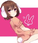  1girl animal_ears bangs blush brown_hair bunny_tail closed_mouth dress eyebrows_visible_through_hair from_side hair_between_eyes heart highres inaba_tewi karasusou_nano looking_at_viewer pink_dress pink_eyes rabbit_ears short_hair short_sleeves sitting solo tail touhou two-tone_background 