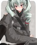  1girl absurdres anchovy anzio_military_uniform arm_support artist_name bangs belt black_boots black_ribbon black_shirt blurry boots commentary_request dated depth_of_field drill_hair eyebrows_visible_through_hair eyes_visible_through_hair girls_und_panzer green_hair grey_background grey_jacket grey_pants grin hair_ribbon hand_on_own_knee highres isofude knee_boots long_hair looking_at_viewer military military_uniform outside_border pants red_eyes ribbon rounded_corners sam_browne_belt shirt signature sitting smile solo sweat twin_drills twintails twitter_username uniform 
