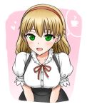  1girl :d blone_hair blush character_request coffee_mug copyright_request green_eyes hairbnad heart leaning_foward looking_at_viewer lowres open_mouth puffy_short_sleeves puffy_sleeves ribbon sawany short_sleeves smile solo 