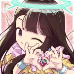  1girl absurdres asymmetrical_bangs blunt_bangs brown_hair commentary_request frills halo heart heart_hands highres long_hair one_eye_closed original pink_nails portrait smile solo translation_request violet_eyes wings wrist_cuffs yano_keito 