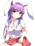  1girl animal_ears bangs blush breasts cleavage closed_mouth collared_shirt cowboy_shot eyebrows_visible_through_hair highres karasusou_nano long_hair looking_at_viewer medium_breasts partially_unbuttoned pink_eyes pleated_skirt purple_hair rabbit_ears red_skirt reisen_udongein_inaba shirt short_sleeves sidelocks simple_background skirt smile solo touhou white_background white_shirt 