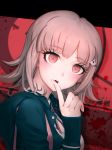  1girl absurdres black_sweater brown_eyes brown_hair dangan_ronpa highres index_finger_raised looking_at_viewer nanami_chiaki neck_ribbon open_mouth red_ribbon ribbon shirt short_hair shou_xian_wu solo super_dangan_ronpa_2 sweater upper_body white_shirt 