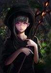  1girl absurdres black_hair cloak eyelashes forest freckles highres holding holding_staff hong_pai hood hooded_cloak lips long_hair looking_at_viewer nature original outdoors parted_lips pointy_ears solo staff violet_eyes 