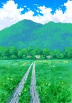 blue_sky clouds cloudy_sky commentary_request day field flower forest grass highres hirota_(masasiv3) house mountain nature no_humans outdoors scenery sky 