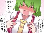  1girl ascot blush breasts closed_mouth commentary_request eyebrows_visible_through_hair eyes_visible_through_hair full-face_blush green_hair hair_between_eyes hammer_(sunset_beach) kazami_yuuka large_breasts long_sleeves open_mouth plaid plaid_vest shirt short_hair solo speech_bubble sweatdrop touhou translated upper_body vest white_shirt yellow_ascot 