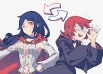  2girls adjusting_glasses arrow blue_hair blush breasts cape cleavage cosplay costume_switch dress dual_persona glasses highres little_witch_academia long_hair multiple_girls red_eyes redhead shiny_chariot short_hair side_ponytail ursula_charistes vento witch 