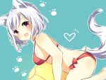  1girl :d animal_ears bikini blue_background blush bow breasts brown_eyes fang from_side halter_top halterneck heart inubashiri_momiji karasusou_nano looking_at_viewer medium_breasts open_mouth paw_print red_bikini red_bow short_hair smile solo swimsuit tail touhou white_hair wolf_ears wolf_tail 