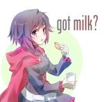  1girl black_dress cape chocolate_chip_cookie dress english food food_on_face glass iesupa milk red_cape redhead ruby_rose rwby solo 