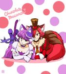  10s 2girls animal_ears azuki_osamitsu bangs blunt_bangs breasts cat_ears cat_tail choker cleavage commentary_request cure_chocolat cure_macaron dress earrings elbow_gloves eyebrows_visible_through_hair feet_up gloves hair_over_one_eye hat jewelry juliet_sleeves kirakira_precure_a_la_mode long_hair long_sleeves lying multiple_girls on_stomach pantyhose precure puffy_short_sleeves puffy_sleeves purple_hair purple_legwear red_dress red_eyes redhead short_sleeves smile tail top_hat translation_request violet_eyes 
