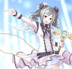  1girl bare_shoulders belt blush breasts eyebrows_visible_through_hair furukawa_tsukumo grey_hair holding holding_microphone idolmaster idolmaster_cinderella_girls kanzaki_ranko looking_at_viewer medium_breasts microphone open_mouth pink_eyes pointing short_twintails smile solo standing twintails 