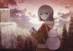  1girl angel31424 brown_eyes brown_hair brown_skirt brown_sweater dangan_ronpa eyebrows_visible_through_hair hair_ornament holding hood hooded_sweater looking_at_viewer looking_back nanami_chiaki outdoors pleated_skirt signature skirt solo standing super_dangan_ronpa_2 sweater tree 